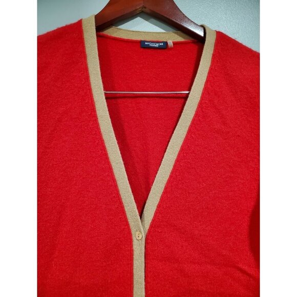Magaschoni Women’s Cashmere Red Button Down Cardigan Sweater Tan Trim Sz M - Picture 6 of 15